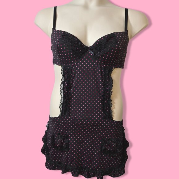 Y2K Marilyn Monroe Maid Apron Lingerie Bra Top Size XL Black Pink Polka Dot - Picture 1 of 11